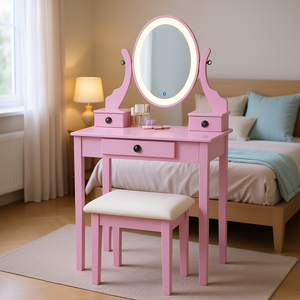 DB Moniys Mesa de Maquillaje Rosa con Espejo Iluminado y Taburete para Uso en el Dormitorio del Hogar - Product Image 2