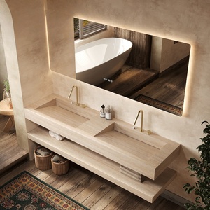 Meuble de salle de bain mural moderne personnalisé avec double vasque en pierre résistante à l'eau, facile à nettoyer et durable - Product Image 4