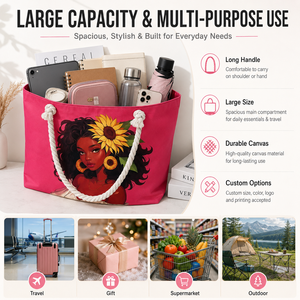 Sac fourre-tout en toile <span class=keywords><strong>rose</strong></span> grande capacité avec logo personnalisé et poignée en corde, sac de shopping en coton imprimé tendance pour femme, plage et voyage - Product Image 3