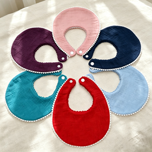 Bavoir pour bébé en coton mousseline doux, couleur unie, avec pompon, absorbant, réutilisable, pour nourrisson, nourrissage, bavoir anti-salive - Product Image 1