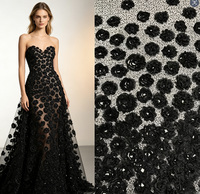 Tissu en dentelle brodée à appliques florales 3D noires, prêt à être expédié, pour robe de luxe, livraison rapide, robe de soirée haute couture