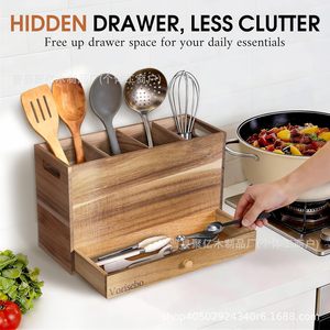 Vorisebo Wooden <b>Kitchen</b> Utensil Rack With Drawer Multifunctional <b>Storage</b> <b>Box</b> For Cooking Tools - Product Image 4