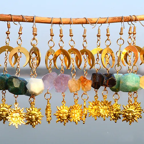 Spiritual Healing Sun Moon Quartz Hands Stars Earrings Raw Crystal Amethyst Gold Psychic Star Science Dangle Earrings