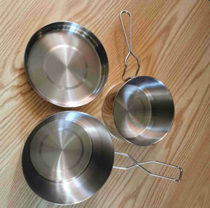DF15 Outdoor Portable Stainless Steel <b>Mess</b> Tin Round 3 Pcs <b>Kit</b> Bowl L M with Folding Handles Wholesales - Product Image 2