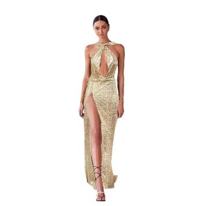 Robe de soirée élégante pour femme à col halter, à sequins, avec jupe longue et fente - Product Image 5