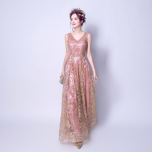 Nhà Máy Cung Cấp Thanh Lịch V-cổ Rose Gold Ren Evening Dress Dây Đeo Đẹp Phụ Nữ Gown Dress