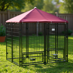 Enclos pour chien en acier d'extérieur 5 x 5 avec auvent rouge résistant aux UV, parc pour animaux avec porte et porte-bols - Product Image 2