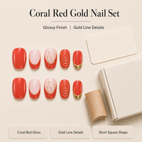 H004-3 Kaixin Faux Ongles Courts Carrés à Coller Rouge Corail avec Motif Spirale Doré et Pointe Française Brillante en Feuille d'Or – Vente en Gros