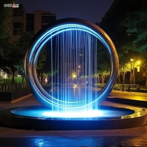 Décoration de jardin extérieur d'hôtel de ville personnalisée Grande sculpture en métal Statue circulaire en acier inoxydable avec anneau lumineux <span class=keywords><strong>Fontaine</strong></span> d'<span class=keywords><strong>eau</strong></span> avec cascade - Product Image 6