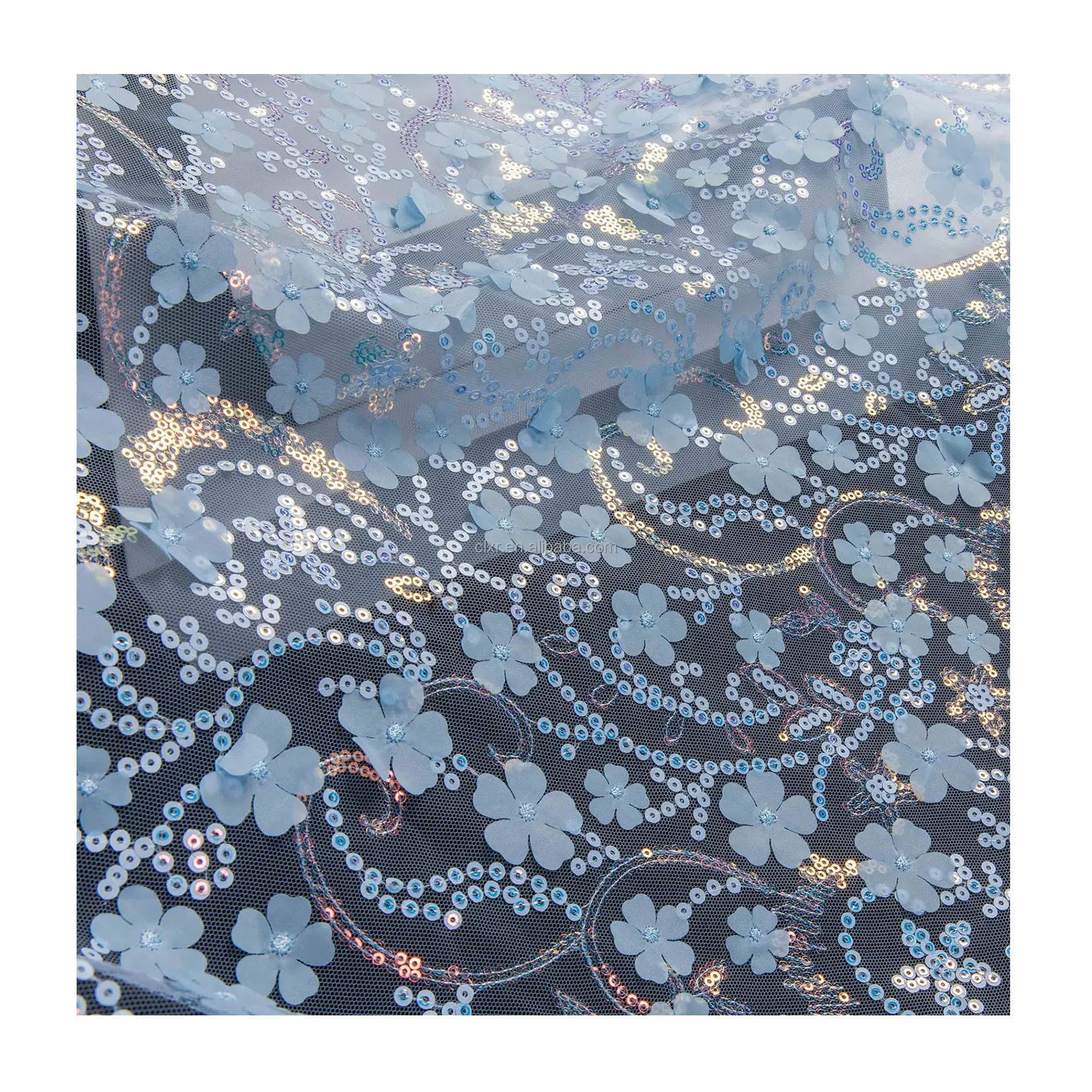 Tessuto di Tulle glitterato blu adorabile fiore 3D ricamato con paillettes strutturato tessuti per abiti da sposa forniture di fabbrica di alta qualità