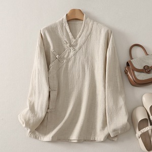 Traditional Chinese Top Cotton Linen Long Sleeve Zen Meditation Tea Dress White Black Hemp Solid Color Diagonal Placket Chinese - Product Image 3