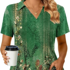 Blusa de punto estampada de manga corta para mujer, con cuello en V plisado, tops de verano, moda casual de negocios para el trabajo - Product Image 1
