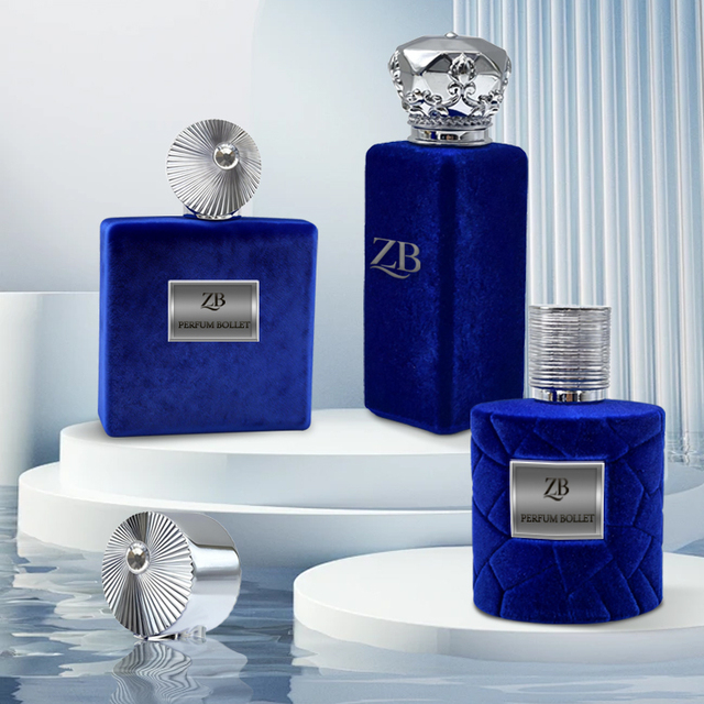 Customized Blue Square Glass Perfume Spray Bottle with Flocking Velvet Finish Empty 100ml Capacity Metal Lid for Packaging
