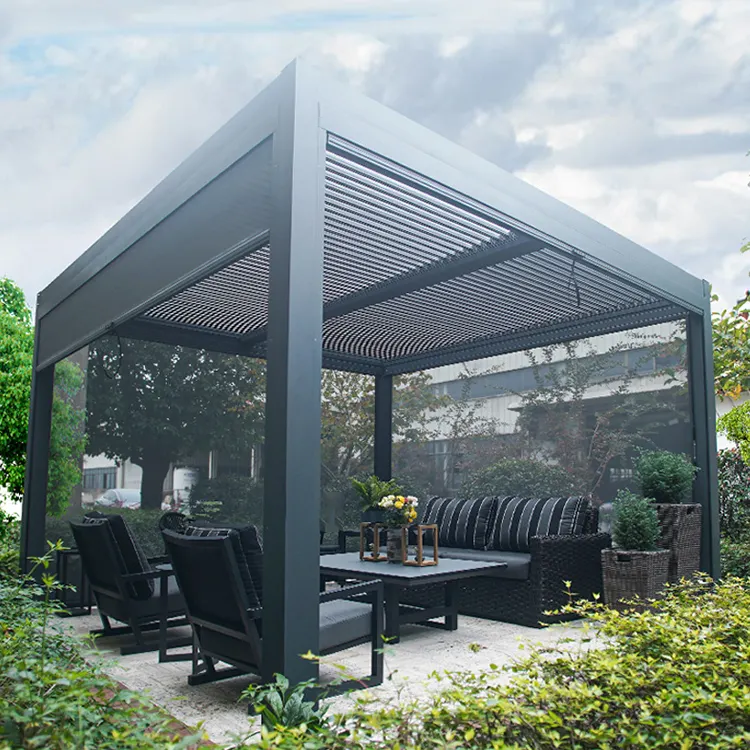 Garten gebäude Automatische Pergola Aluminium im Freien mit elektrischem Lamellen dachs ystem Motorisierter Bildschirm Ganzjahres-Party, Hochzeit