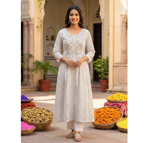 Pastel Grey Cotton Anarkali <b>Kurta</b> Set Dupatta for <b>Women</b> Quick Dry Wrinkle Free Ethnic Wear Floral Pattern Skin-Friendly - Product Image 1