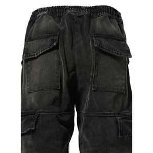 Jean cargo en denim noir délavé coupe droite pour homme avec taille élastique et cordon de serrage - Product Image 6