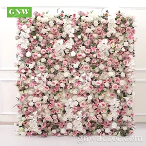 Plastic Artificial Flowers Roll Up Fabric Plastic White Rose Peony Arrangement Silk Artificial Flower Wall Panel Wedding Decoration Backdrop
