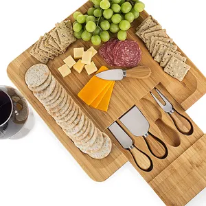 高品质大型熟食拼盘套装长方形竹菜板带刀奶酪切菜板带滑动抽屉