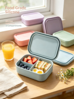 Boîte à bento en silicone à 3 compartiments, réutilisable, hermétique, empilable, pour adultes, travail, voyage, micro-ondes