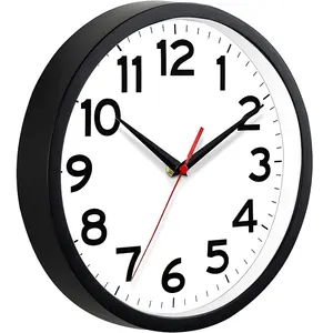 Promotion horloge murale en plastique bon marché, cadre noir, cadran blanc, 10 pouces silencieux moderne classique, Quartz, horloges rondes personnalisées