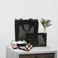 Sac à cosmétiques en maille noire personnalisé avec fermeture éclair et poignée, pochettes de voyage pour femme