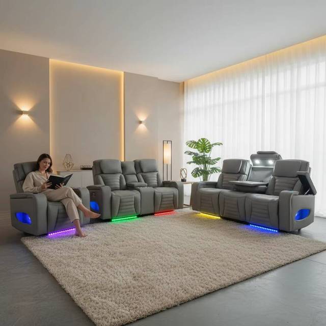 Electric Smart Chesterfield Square Recliner Sofa Set, Faux Leather, LED Light, Adjustable Table, Reading Lamp - Modern Design