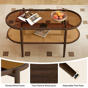 Table basse ovale en verre trempé avec étagère de rangement en rotin à 2 niveaux, cadre en métal imitation bois, table d'appoint pour salon - Product Image 3