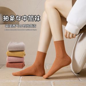 Zhuji Women's Mid Calf Socks Double Needle Polyester Warm Thermo Solid Color Stripes Casual Autumn Winter 18-40 Years - Product Image 2