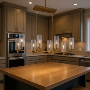 Lámpara colgante de isla de latón satinado de ocho luces con cristal acanalado transparente para iluminación de techo de cocina - Product Image 2