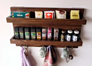 Étagère <span class=keywords><strong>murale</strong></span> flottante en bois à deux niveaux rustique avec crochets Support à épices de cuisine Caddy pour le stockage - Product Image 2