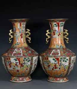 Jarrones Jingdezhen Guangcai con Asa <span class=keywords><strong>de</strong></span> Dragón Dorado, Medallón <span class=keywords><strong>de</strong></span> Rosa <span class=keywords><strong>China</strong></span>, Jarrones <span class=keywords><strong>Canton</strong></span> <span class=keywords><strong>de</strong></span> Pie, Impresionantes Jarrones Chinos Famille Rose - Product Image 1
