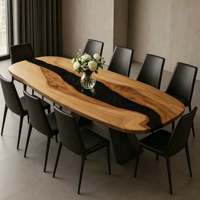 Table à manger rectangulaire en bois de noyer massif, bord naturel, époxy noir et sable doré, style moderne et luxueux, pour villa et maison