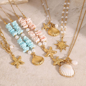 เครื่องประดับกันน้ำไม่หมอง ฐานสแตนเลส 316L ชุบทอง 14k 18k PVD  จี้รูปปลาดาวและเปลือกหอย สร้อยคอสำหรับผู้หญิง - Product Image 3