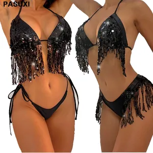 Pasuxi fantasia preta com costas nuas, roupa de praia feminina sensual com costas nuas e preta para baile