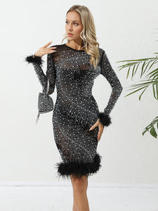 Haute qualité nouvelle femme élégante robe industrie lourde strass chaud Sexy Perspective à manches longues plume robe robe Midi - Product Image 2