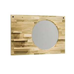Modern Wooden <b>Wall</b> <b>Mirror</b> Panel with Circular <b>Mirror</b> & Integrated Floating Ledge Shelves - Product Image 1