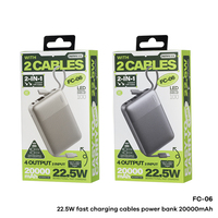 Batterie externe REMAX FC-06 20000mAh, charge rapide 22.5W, câbles doubles intégrés, design avec cordon, chargeur portable avec écran numérique
