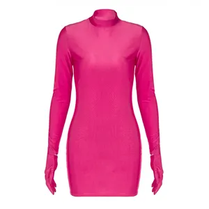 दस्ताने पोशाक 2023 नए सेक्सी हिप राउंड गर्दन लंबी आस्तीन फॉल/शीतकालीन पार्टी के कपड़े मिनी डिजिटल प्रिंटिंग सरल शीथ पोशाक बुना हुआ