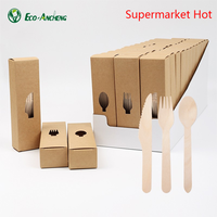 Lot de couverts en bois modernes jetables écologiques de haute qualité avec cuillère, fourchette et couteau de 160 mm, sans danger pour les aliments, pour les voyages et les fêtes