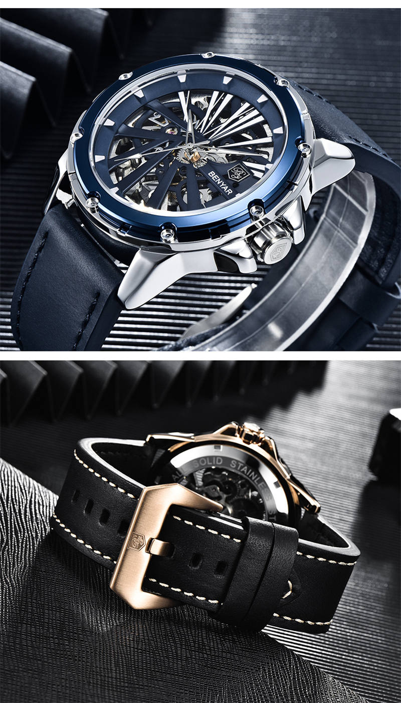 BENYAR New Skeleton Dial Waterproof Watches Business Fashion Mechanical Men's watches Casual Genuine Leather Watch relogio