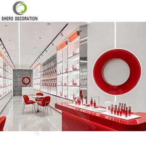 Modern Skincare Store Interior Design Red & White Cosmetic <b>Display</b> Cabinet Glass <b>Shelf</b> Wall <b>Unit</b> with LED Lightbox Shop Fitting - Product Image 2