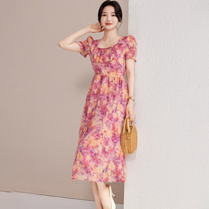 Plus Size French Style High Waist Floral Dress Square Neck Orange Purple Blue Polyester Summer Women's Dress - Product Image 3