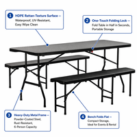 Ensemble de table de pique-nique pliable 3 pièces en rotin texturé HDPE, design moderne pliable en deux, coussin imperméable, 2 bancs, extérieur