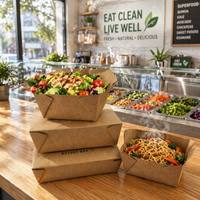 Boîte en papier auto-adhésive pour salade et nouilles, en PLA laminé, 100 % compostable, de qualité alimentaire, avec impression personnalisée, résistante à la graisse, pour emporter