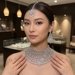 Luxury <b>Silver</b> Plated Cubic Zirconia <b>Choker</b> Necklace Earrings Maangtikka Bridal Brass Jewellery Set For Women - Product Image 2