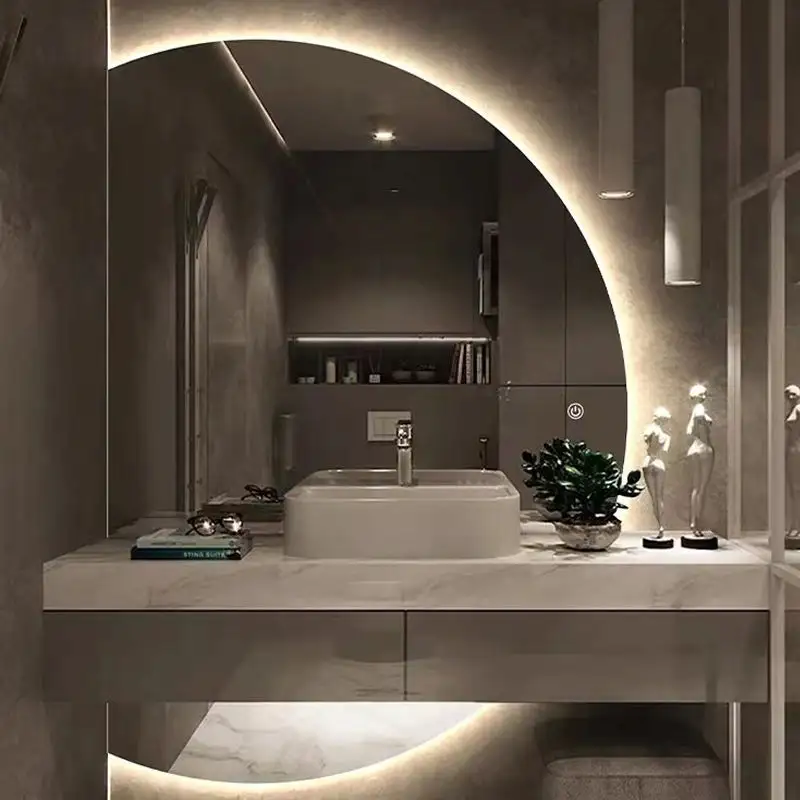 Wall Decorative Mirror Bathroom Vanity Half Moon Led Lighted Smart Makeup Backlit Bath Mirror