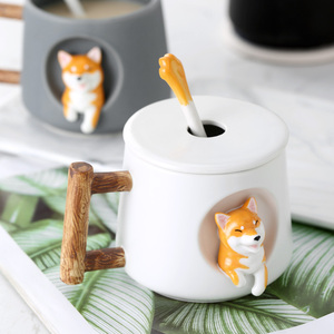 Shamitao - Juego de Tazas de Cerámica 3D con Diseño de <span class=keywords><strong>Shiba</strong></span> Inu, Tapa y Cuchara, Taza de Café de Gres Ecológico de 420 ml, con Logotipo Personalizado, Regalos Empresariales - Product Image 4