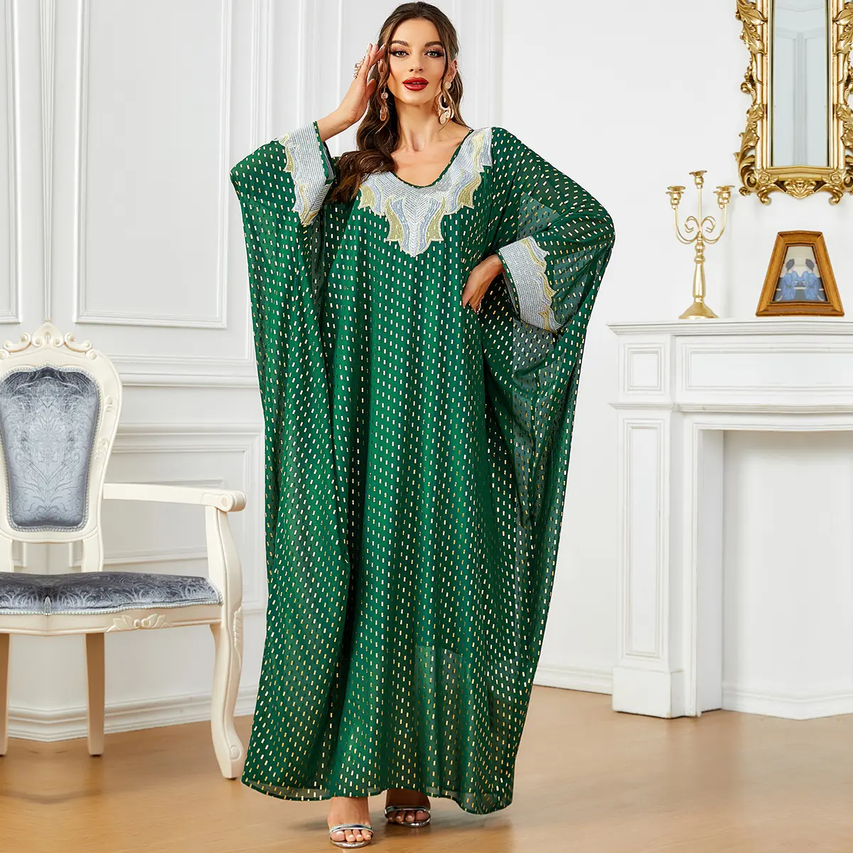 1331 Großhandel Mode Damen Muslimah Wear Dot Bedruckte Kaftan Kleidung plus Größe Fledermaus Ärmel Abaya Kleider