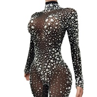 Combinaison longue à manches longues transparente pour femmes, tenue de danseuse, body moulant, combinaison une pièce, combinaison sexy en strass pour femmes