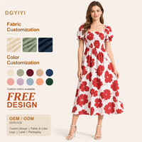 Robe midi en viscose 180 GSM pour femme, décontractée, pour soirée, imprimé floral abstrait, coupe trapèze fluide, douce et confortable, logo personnalisé OEM ODM XS-5XL